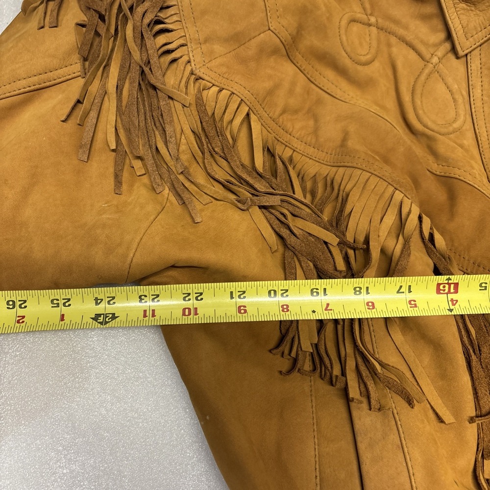 VTG 80s FIRST Western Fringe Cropped Moto Leather Jacket Womens Tan Quilted Med - Picture 9 of 9